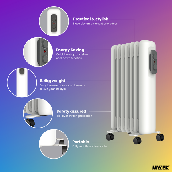 Mylek Oil Filled Radiator Electric Heater Portable With Adjustable Thermostat - White 1500w