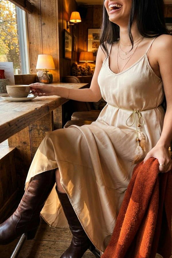 Liora Strappy Maxi Dress With Feather Tie Waist - Beige
