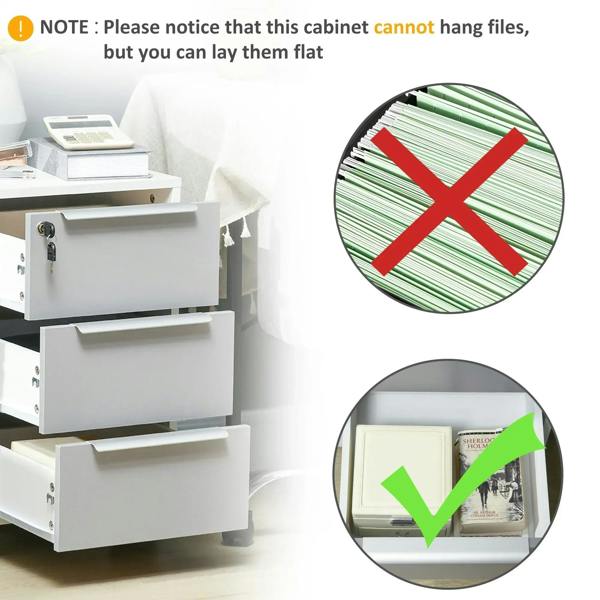 Three-drawer locking cabinet with lockable drawers; shown with flat-lay file storage option