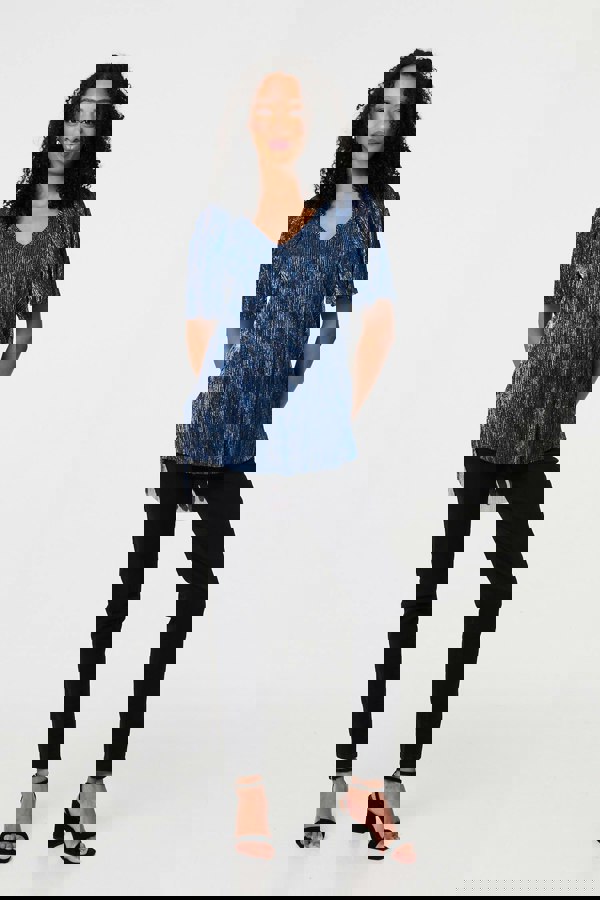 Blue | Semi Sheer Glittery Short Sleeve Top
