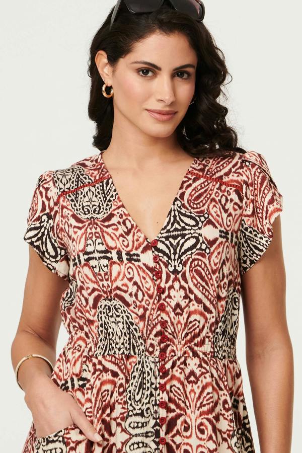 Red | Printed Cap Sleeve Midi Dress