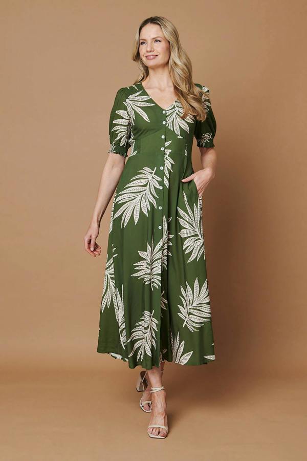 Green | Leaf Print Puff Sleeve V-Neck Maxi Dress