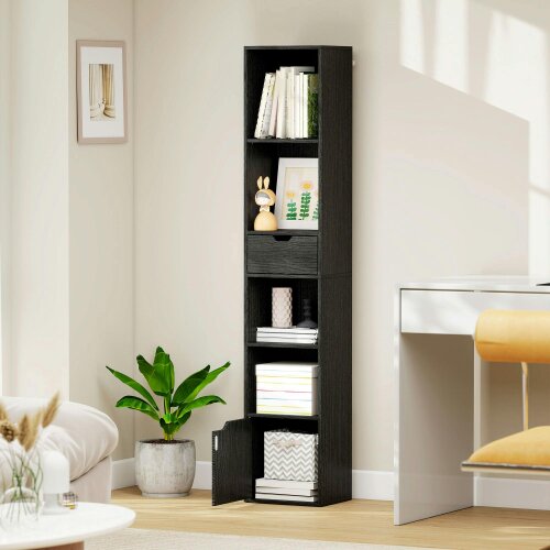 Wyld Haus Nota Wooden Black Tall Narrow 6 Tier Bookcase With Drawer And Door