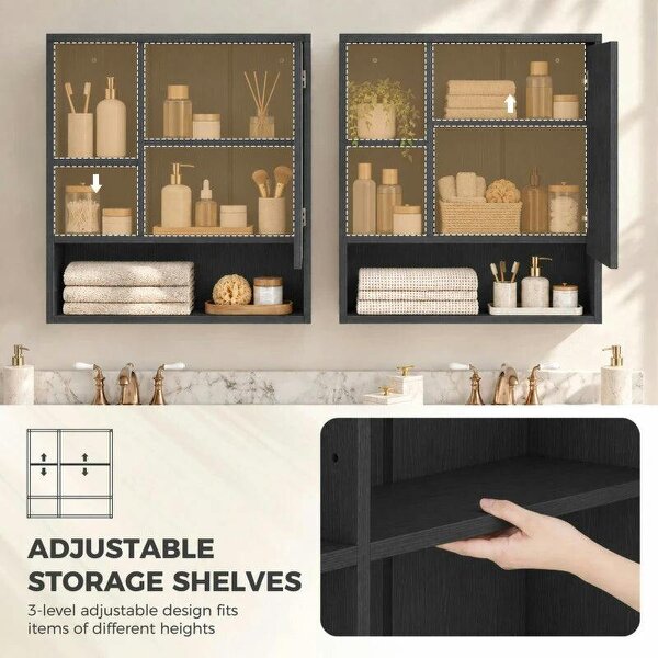 Bathroom Mirror Cabinet, Wall-Mounted Bathroom Cabinet with Mirror Door, Adjustable Shelves, Black