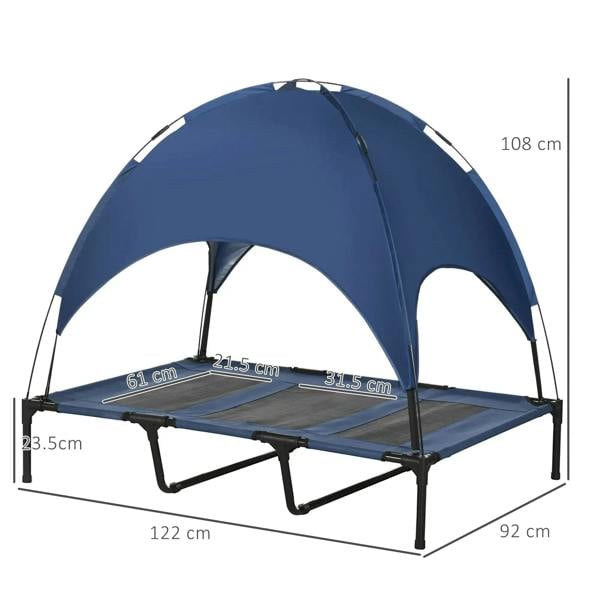 Blue raised pet cot with canopy and mesh sides, with labeled measurements for XL size