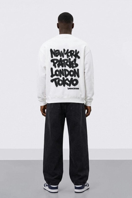 London Attitude Oversized City Graffiti Graphic Sweatshirt - White