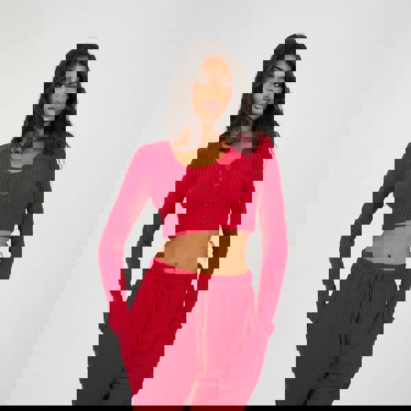 Brave Soul Red Cropped Long Sleeve & Wide Leg Lounge Set - Red Image 3