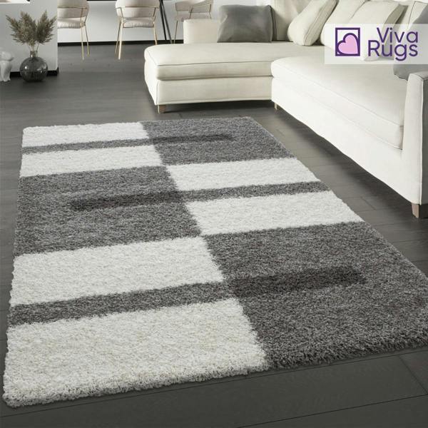 Viva Rugs Fluffy Rug Grey White Geometric Shaggy Mat Large XL Small Bedroom Living Room Lounge 30mm Long Pile Carpet