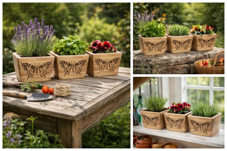 Set of three upcycled wooden garden pots planted with flowers and herbs