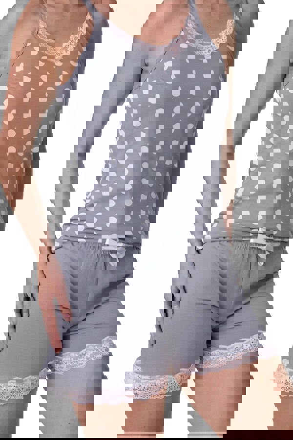 Camille Grey Lightweight 100% Cotton Spot Printed Sleeveless Top Pyjama Set With Lace Detailing