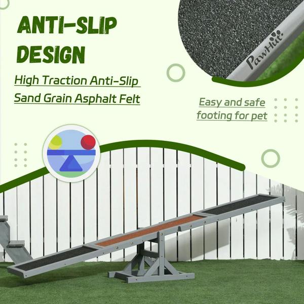 Grey dog seesaw ramp with high-traction anti-slip textured pads on the walking boards.