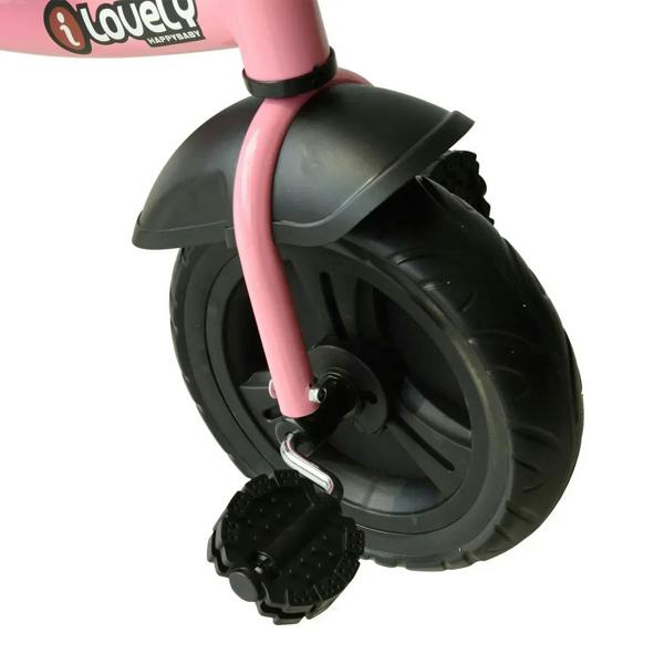 Front wheel and black fender of a pink 3-wheel toddler tricycle