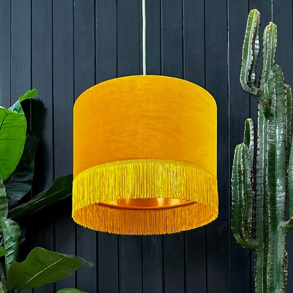 love Frankie butterscotch velvet lampshade with copper lining and fringing