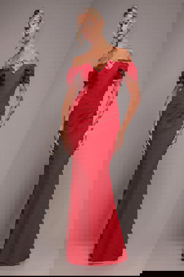 Diamante Heart Trim Evening Maxi Dress - Red DR4674