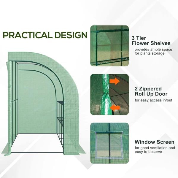 Green greenhouse with 3-tier shelves, roll-up zip door, and window screen