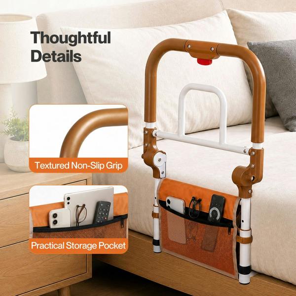 Levede Bed Rail Foldable 2 Handle Adjustable Height Non-Slip Grip Pocket Orange