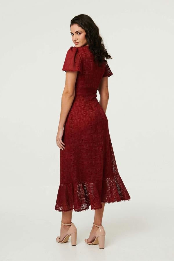 Red | Printed Lace Texture Slim Midi Dress