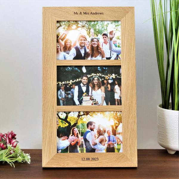 MijMoj Design Personalised Solid Oak Three Aperture Picture Frame - For 6x4" Photos