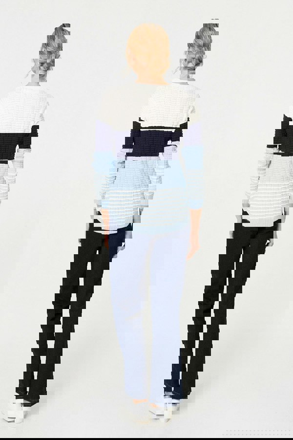 Blue | Colour Block Textured Curve Hem Jumper
