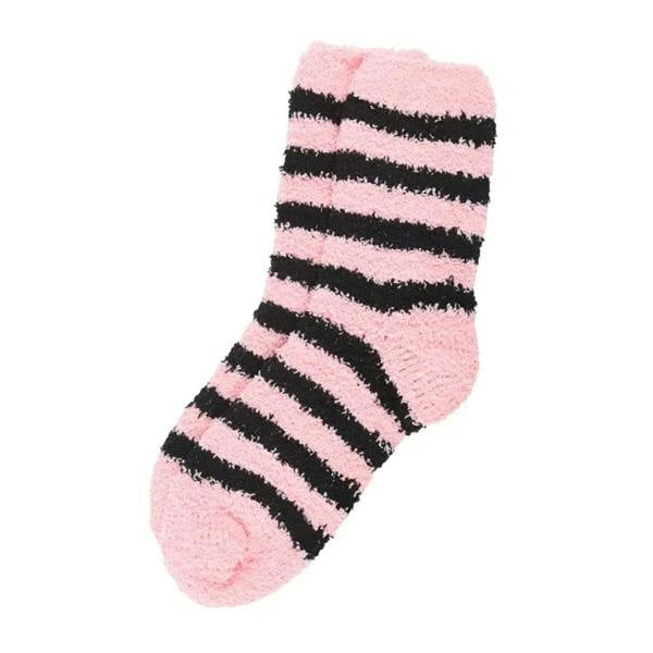 Pink and black striped fluffy socks, cozy crew style