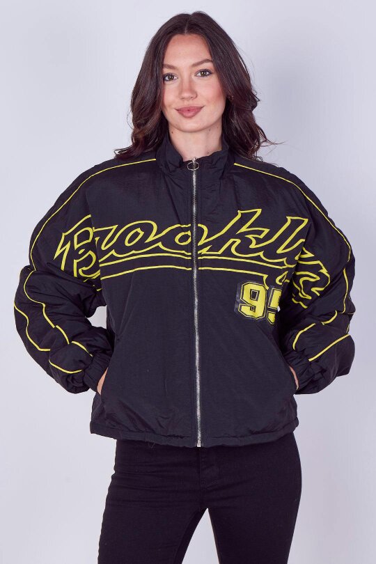 Elaina Fashion Oversized Slogan Zip-Up Racer Bomber Jacket