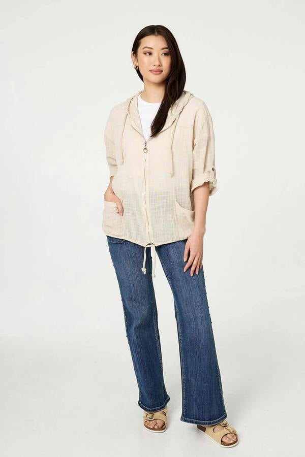 Linen | 3/4 Sleeve Hooded Zip Front Jacket