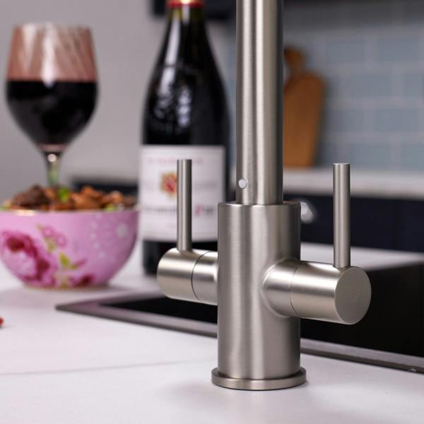 Flode Hammerfest | Dual Lever Kitchen Sink Mixer Tap with Swivel Spout | Brushed Steel Finish