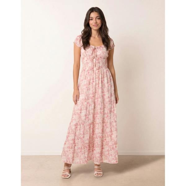 Blue Vanilla Double Front Tie Shirred Ditsy Floral Maxi Dress