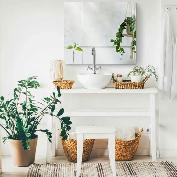 White wall-mounted mirror cabinet with mirrored panels and built-in open shelves