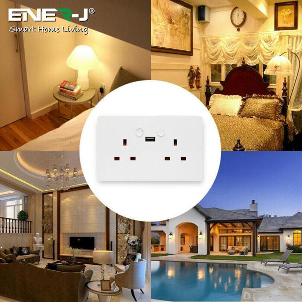 ENER-J Smart Wall Socket – WiFi Double Power Socket with USB & Type-C, Alexa & Google Compatible, 13A UK White