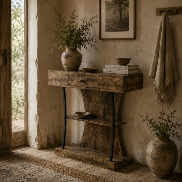 Wyld Haus Rasana Metal And Wooden Rustic Brown 3 Tier Console Table With Drawer And Shelves