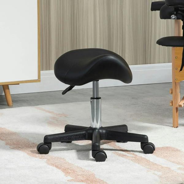 Black saddle stool with padded PU seat, chrome stem, and rolling casters on five-arm base