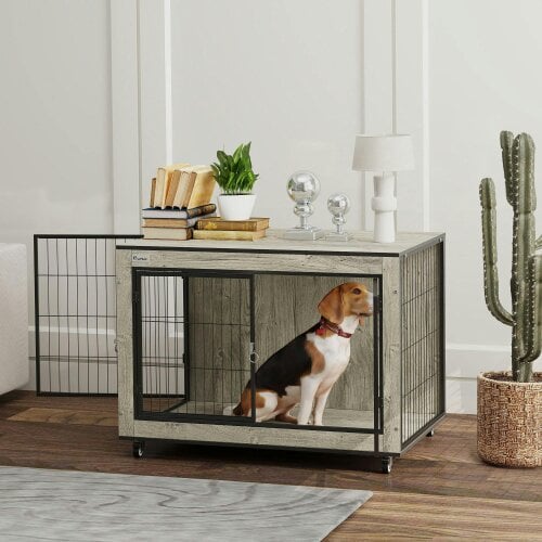 PawHut Dog Crate Furniture on Wheels, for Medium Dogs, 80 x 56 x 62.5cm