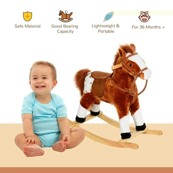 Brown plush rocking horse with wooden rocker base, child shown riding