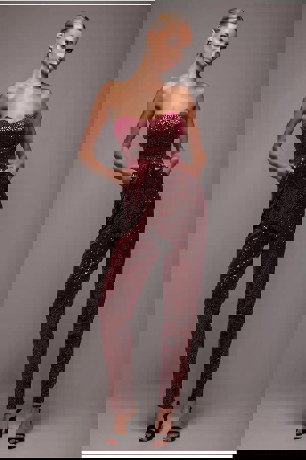 Sequin & Velvet Corset Jumpsuit - Wine TR365