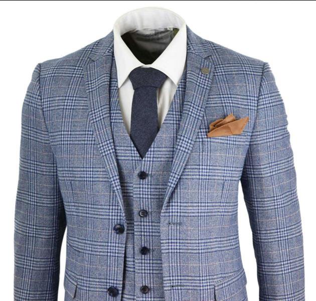 Paul Andrew Mens 3 Piece Blue Grey Tweed Check Vintage Retro Suit