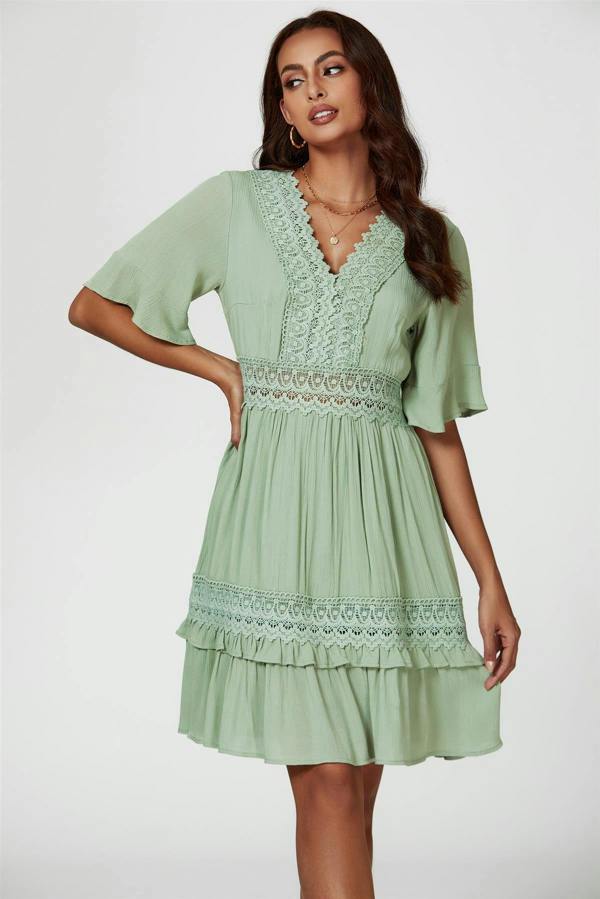 FS Collection V Neck Lace Mini Dress In Green