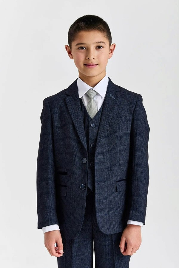 Paul Andrew Regent - Boys Navy Blue 3 Piece Prince Of Wales Checked Suit