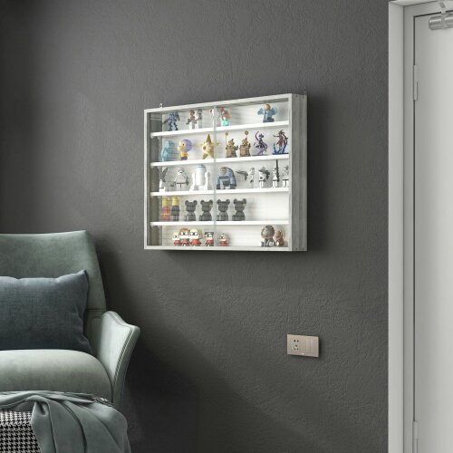 Wyld Haus Kasofa Wood And Glass Grey Wood Grain 5 Tier Wall Display Cabinet With Adjustable Shelves 60 x 80 cm