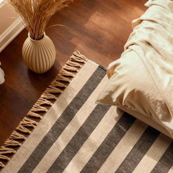 Handloom Jute Rug Natural White Black Fringed, Reversible, Striped Rug