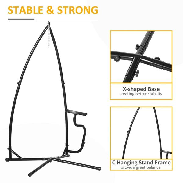 Black metal hanging chair stand with X-shaped base and C-shaped hanging frame