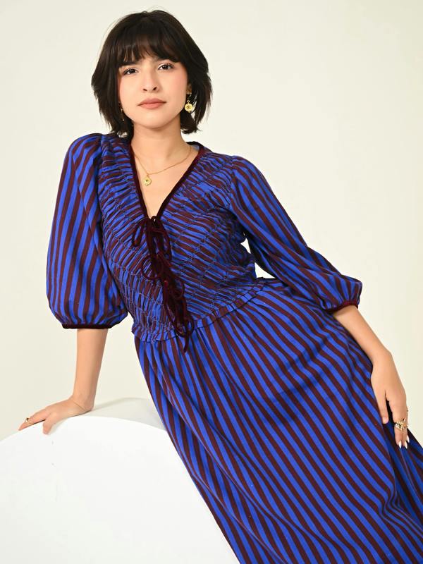 Rose & Nancy Isla Hand Smocked Blue And Burgundy Stripe Midi Dress