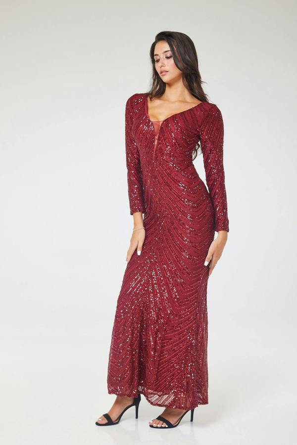 LuvForever Zoya - Wine Long Sleeve Sequin Maxi Dress