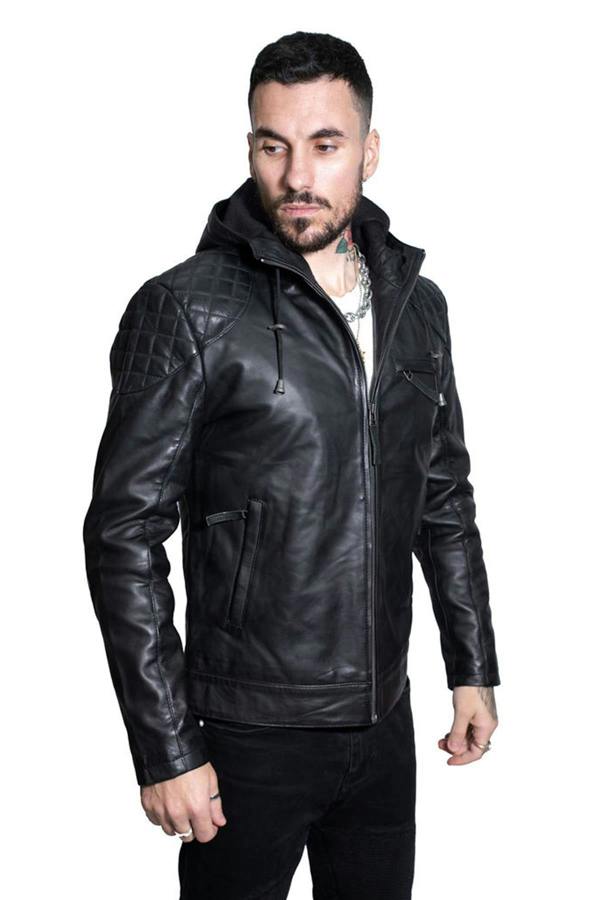 Infinity Leather Mens Retro Hooded Leather Bomber Jacket-Zaria