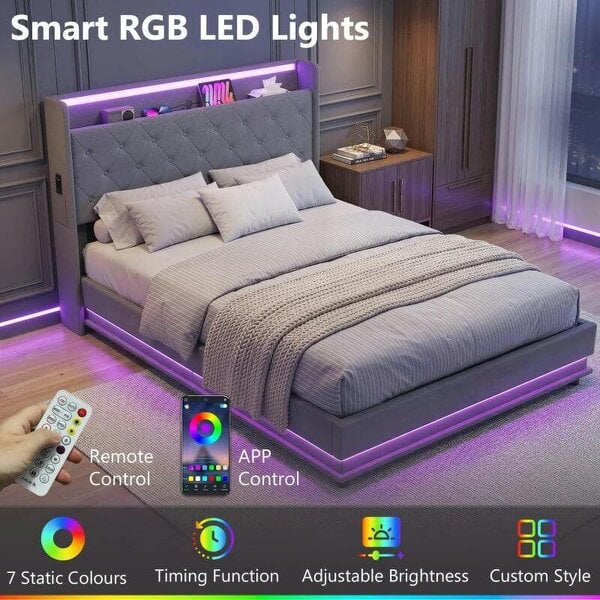 4ft6 Double Bed Frame with Headboard, Platform Bed Frame with Hydraulic Storage, LED Lights and Charging Station, Grey