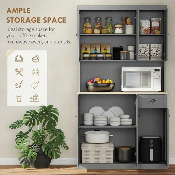 Grey freestanding kitchen cabinet with open shelves, microwave area, and side drawer