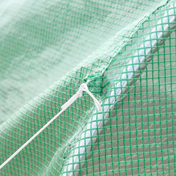 Green polytunnel greenhouse netting with white tie rope along the arched PE cover