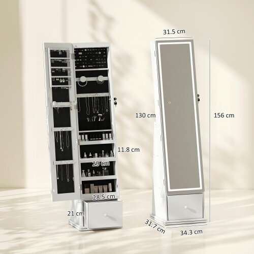 HOMCOM Swivel Jewelry Cabinet with LED Lights, Mirror with Storage, White