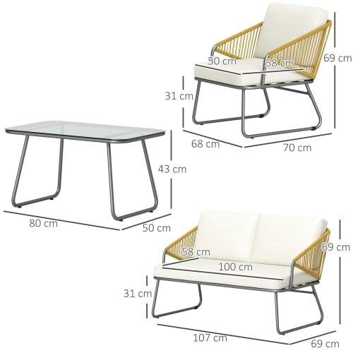 Wyld Haus Lupano Natural Rattan Rope White Cushions 4 Seater Outdoor Sofa Set with Square Table