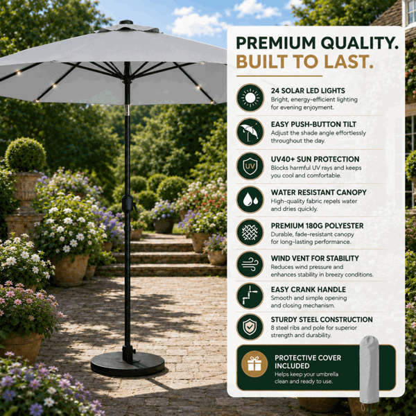 GlamHaus Garden Parasol Solar LED 2.7M ,Tilting Table Umbrella with Crank Handle, Protection UV40, Includes Parasol Cover- Grey
